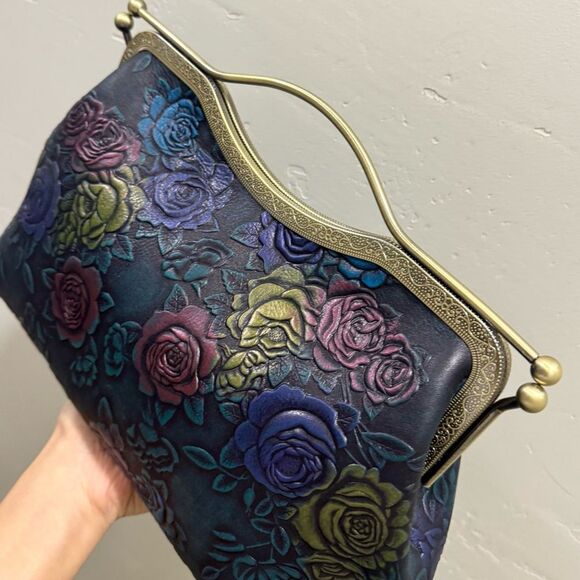 Unique Colorful Rose Embossed Cowhide Handmade  Retro Style Kisslock Handbag - Picture 13 of 17